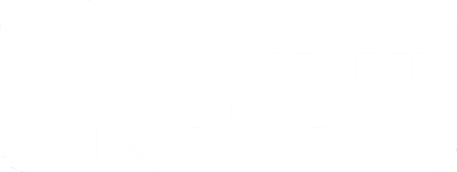 A white logo that says, "BBB Accredited Business."