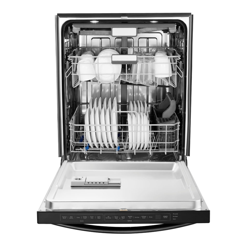 An open dishwasher loaded with plates and cups.