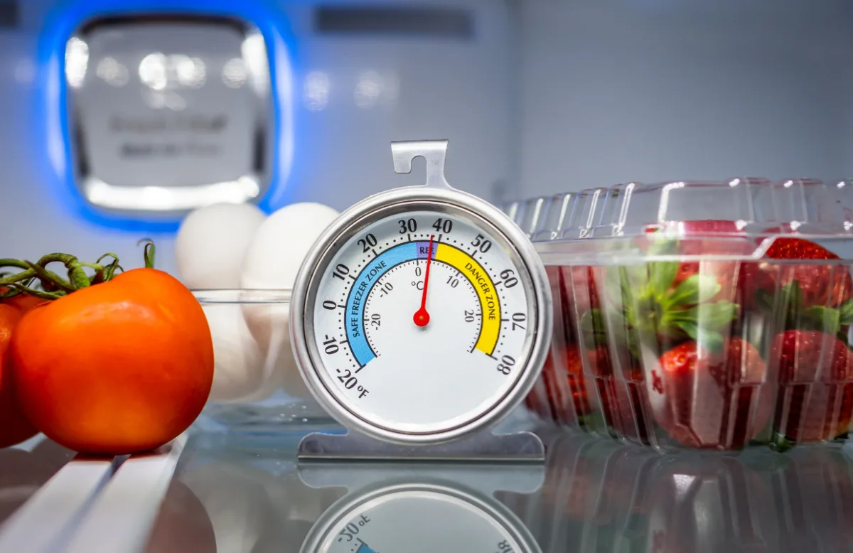 A thermostat in a fridge next to tomatoes, eggs, and strawberries.